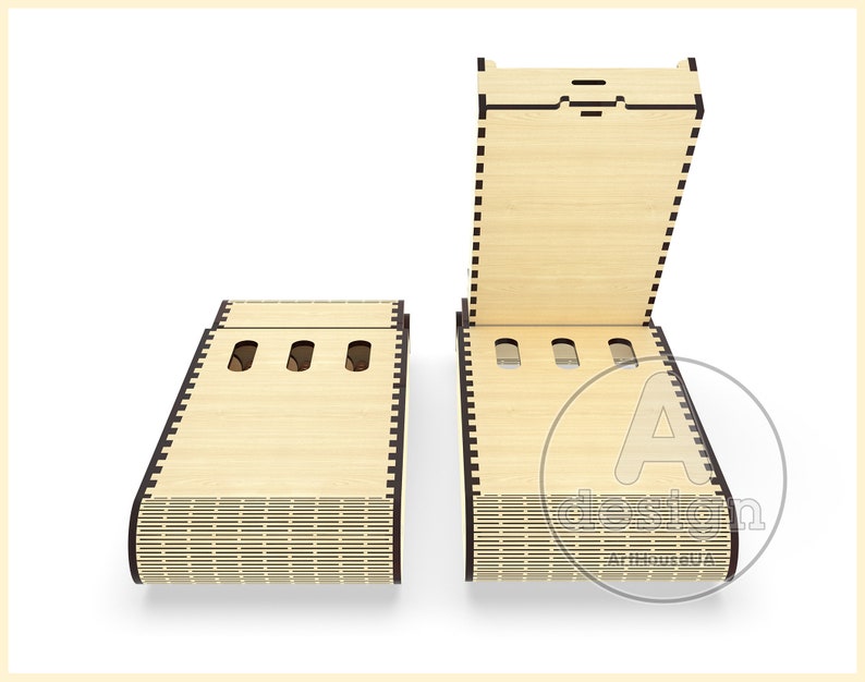 May include: A wooden box with a hinged lid and three slots. The box is made of light wood with a dark brown border. The box is open and the lid is propped up.