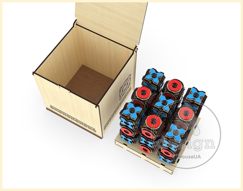 May include: A wooden box with its lid open, showing a stack of wooden blocks with red and blue X's and O's. The blocks are arranged in a pattern, and the box has a decorative design on the side.