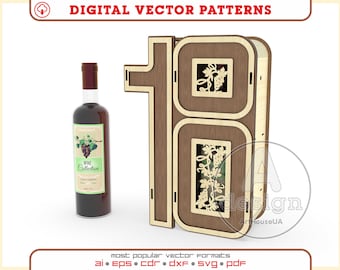 May include: A wooden wine rack with a decorative design of grapes and vines. The rack is shaped like the number 10 and has a slot for a bottle of wine. The rack is made of light brown wood and has a natural finish.