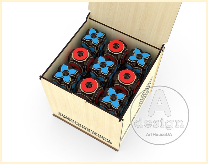 May include: A wooden box with a hinged lid, open to reveal a set of nine wooden cubes. The cubes are painted with red circles and blue crosses, resembling a tic-tac-toe game. The box is decorated with a simple design around the edges.