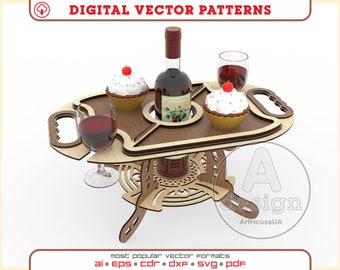 Bandeja para servir vino, plantilla cortada con láser, archivo vectorial de madera para soporte de botellas de vino.