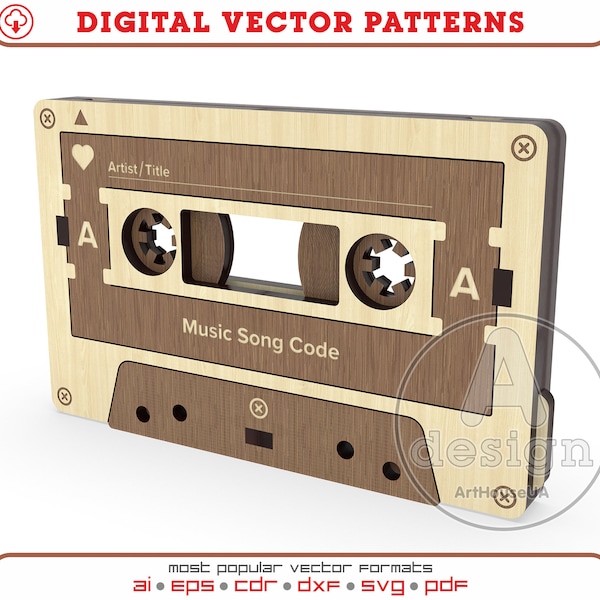 Modern wooden cassette for favorite song code, Vintage cassette tape SVG file Laser cut and Glowforge user, Music board like cassette tape