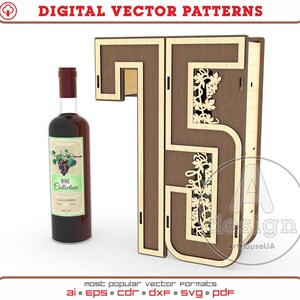 75e verjaardag cadeau wijnkist lasergesneden vectorbestand, 75e verjaardag cadeaudoos vector, 75e verjaardag decoraties vector, wijnhouder ver.108