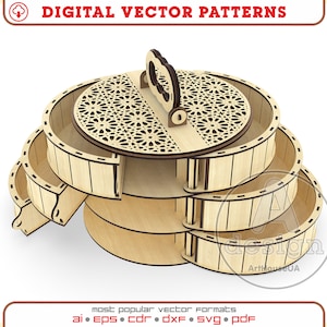 Vettore pronto per scatola circolare in legno per Glowforge SVG, file laser scatola regalo, vettore portagioie, scatola vano portaoggetti, organizzatore per le tue cose