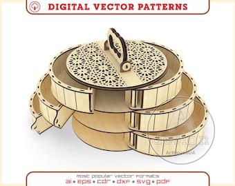 Caja circular de madera lista para vector para Glowforge SVG, archivo láser de caja de regalo, vector de caja de joyería, caja con compartimento de almacenamiento, organizador para tus cosas