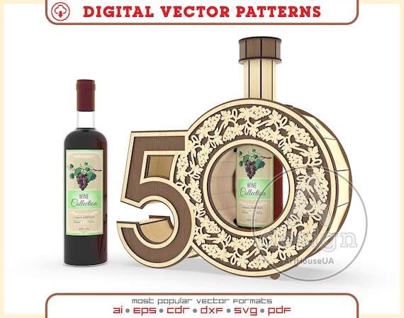 50th Birthday Wine Box SVG, Number 50 Bottle Holder Laser Cut File Gift Design