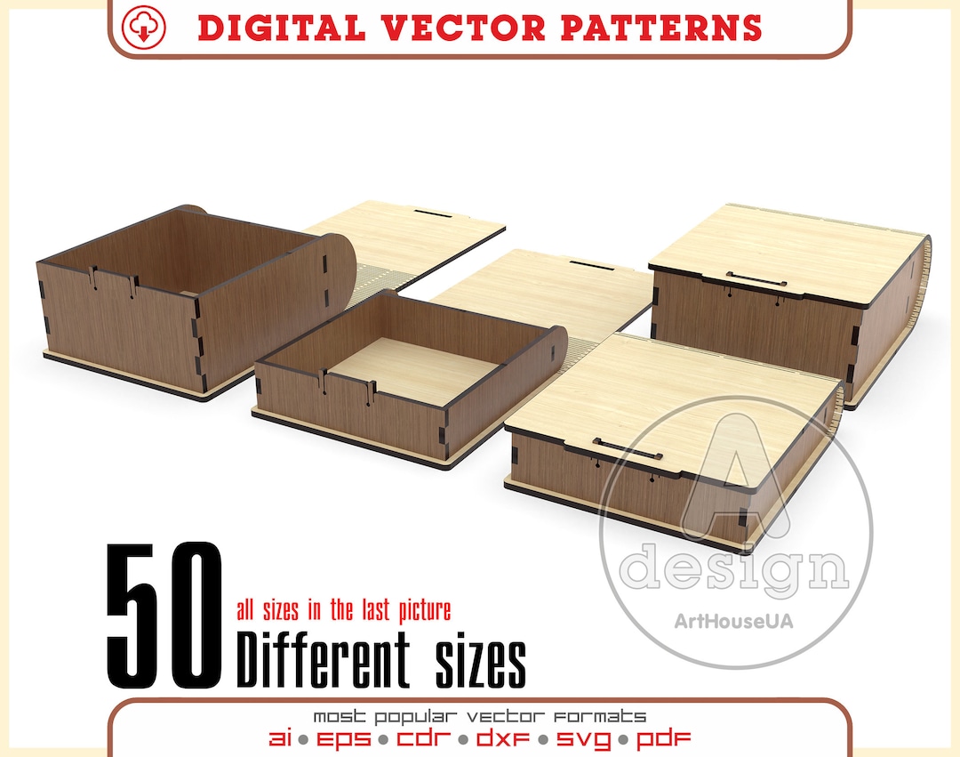50 Different Sizes Boxes With Flexible Flip up Lid Vector for Laser Cut