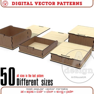 50 Boxen in verschiedenen Größen mit flexiblem Klappdeckelvektor für Laserschnitt, Aufbewahrungsboxen, Geschenkboxen, Schmuckboxen