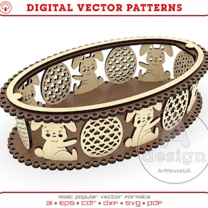 Plato de conejito de Pascua, archivo láser vectorial de cesta de Pascua, soporte de conejito de Pascua para huevos DXF, bandeja de madera de Pascua, plato de Pascua Glowforge archivo SVG