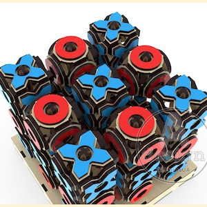 May include: A wooden tic-tac-toe game with blue X's and red O's. The game is made of multiple interlocking cubes, each with a different side showing. The cubes are arranged in a pyramid shape.