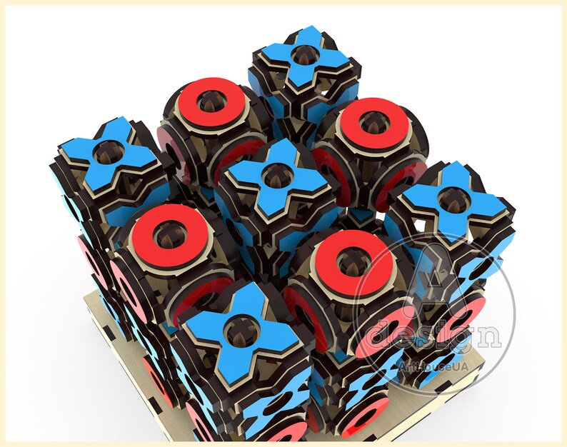 May include: A wooden tic-tac-toe game with blue X's and red O's. The game is made of multiple interlocking cubes, each with a different side showing. The cubes are arranged in a pyramid shape.
