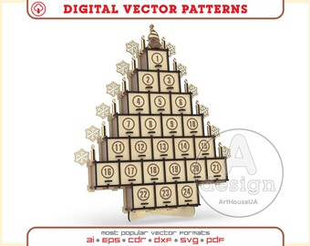 Fichier vectoriel découpé au laser du calendrier de l’Avent, Calendrier de l’Avent de Noël, Calendrier de l’Avent de Noël 24 tiroirs, Décoration de Noël, Ver.25