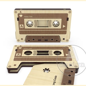 May include: A wooden cassette tape holder with a brown and light brown wood grain pattern. The holder has a heart, a play button, and the letter "A" on the front. The text "Artist/Title" is printed on the front of the holder.
