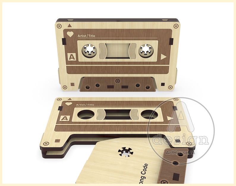 May include: A wooden cassette tape holder with a brown and light brown wood grain pattern. The holder has a heart, a play button, and the letter "A" on the front. The text "Artist/Title" is printed on the front of the holder.