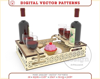 Archivo de corte láser para bandeja de servir vino, soporte de madera para botellas y copas de vino (vector)