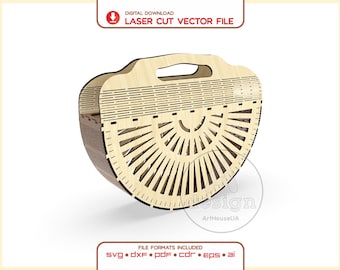 May include: A light-colored wooden handbag with a semi-circular, fan-like cutout pattern and an integrated handle. The image includes text stating DIGITAL DOWNLOAD LASER CUT VECTOR FILE and lists file formats SVG, DXF, PDF, CDR, EPS, and ai.