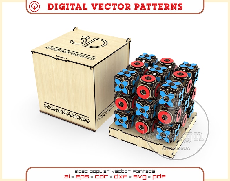 May include: A 3D model of a wooden box with a noughts and crosses pattern on each side. The box is open and the inside is empty. The box is made of wood and has a natural finish. The box is a digital vector pattern and can be used for laser cutting or CNC routing.