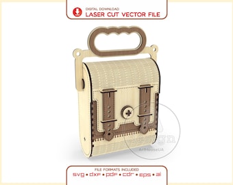 May include: A laser cut vector file for a wooden satchel bag with a handle. The design features light and dark wood tones, two vertical straps with buckle details, and a central circular fastener. Text includes DIGITAL DOWNLOAD LASER CUT VECTOR FILE.