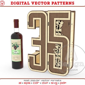 Arquivo vetorial de corte a laser de caixa de vinho para presente de 35º aniversário, vetor de caixa de presente de 35º aniversário, vetor de decorações de 35º aniversário, suporte para vinho Ver.103