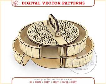 Vettore pronto per scatola circolare in legno per Glowforge SVG, file laser scatola regalo, vettore portagioie, scatola vano portaoggetti, organizzatore per le tue cose