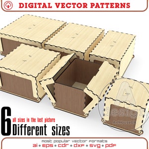 6 cajas de diferentes tamaños con archivo vectorial de tapa abatible para corte láser, paquete de caja de almacenamiento SVG, paquete de caja de regalo, caja de joyería