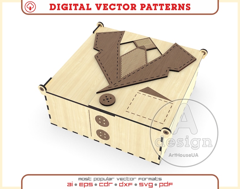 May include: A laser cut wooden box with a design of a suit and tie on the top. The box is made of light brown wood and has a dark brown outline. The box is designed to be assembled.
