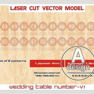 May include: Laser cut vector model for wedding table numbers. The design features a red ornate frame with numbers 1-20. The image shows two patterns, one for 4mm plywood and one for 1/8 inch plywood. The dimensions are 166x166x50 mm and 6.5x6.5x2 inches.