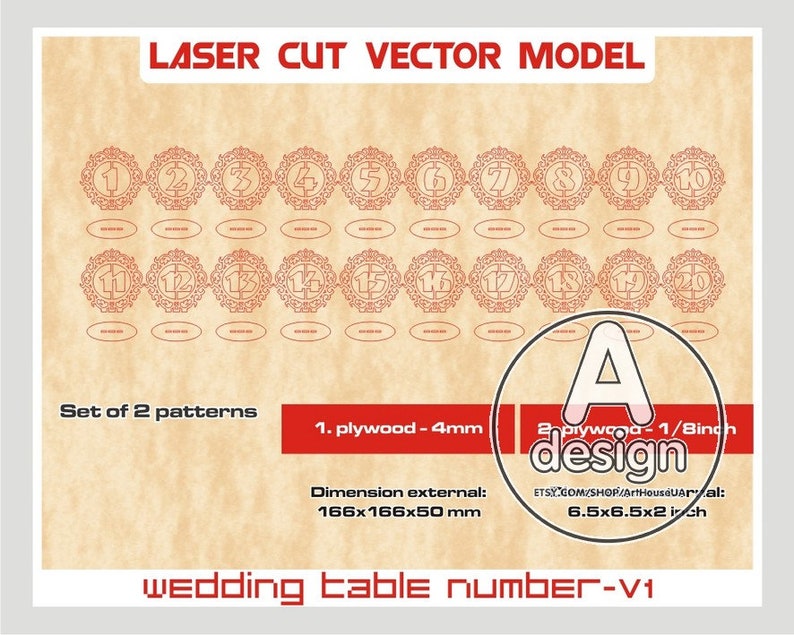 May include: Laser cut vector model for wedding table numbers. The design features a red ornate frame with numbers 1-20. The image shows two patterns, one for 4mm plywood and one for 1/8 inch plywood. The dimensions are 166x166x50 mm and 6.5x6.5x2 inches.
