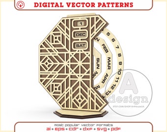 Calendario perpetuo cortado con láser, archivo vectorial digital SVG DXF para decoración de escritorio y oficina.