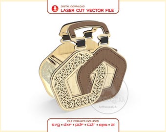 Könnte beinhalten: Eine Lasercut-Vektordatei für eine pentagonale Handtasche aus Holz mit filigranen floralen Gitterausschnitten an den Seitenteilen, einem dunkelbraunen Holzgriff und einem geschichteten Design. Der Text lautet DIGITAL DOWNLOAD LASER CUT VECTOR FILE.