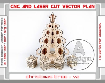 May include: A laser cut wooden Christmas tree with 140 parts for assembly. The tree is decorated with ornaments and has a star on top. There are also four small boxes with lids that can be used as gifts.
