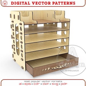 Organizador de escritório de madeira, organizador de mesa de madeira, copo de lápis, suporte para artesanato, estação de encaixe, porta-canetas, arquivos Glowforge Dxf, Pdf, Svg, Cnc