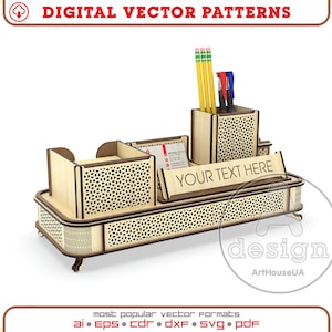 May include: A wooden desk organizer with multiple compartments, including a pen holder with pencils and pens, a business card holder, and a tray. The organizer features a decorative perforated design and the text "YOUR TEXT HERE".