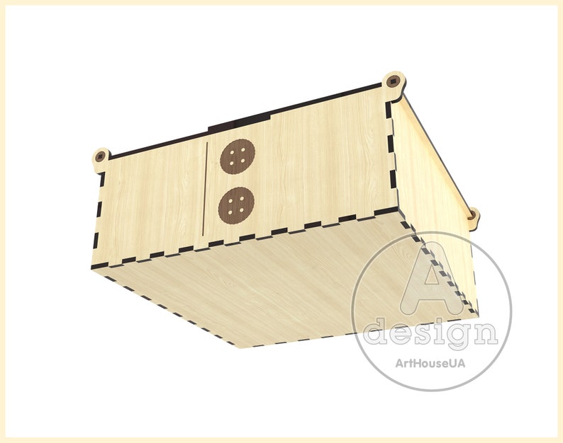 May include: A wooden box with a hinged lid and two button-shaped cutouts on the front. The box is made of light-colored wood and has a black and white checkered pattern around the edges.
