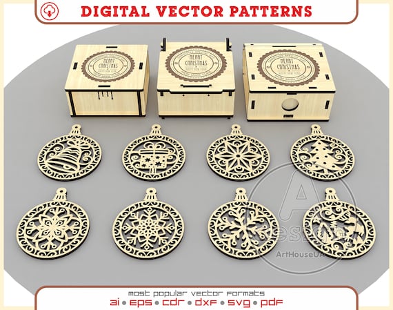 Set Christmas tree decoration Glowforge ready vector SVG files, Christmas snowflakes DXF, Christmas tree toys cut file, Christmas box vector