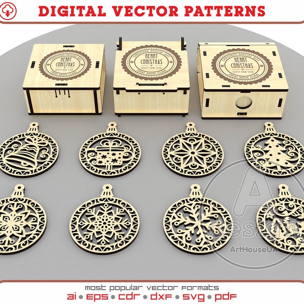 Set Christmas tree decoration Glowforge ready vector SVG files, Christmas snowflakes DXF, Christmas tree toys cut file, Christmas box vector