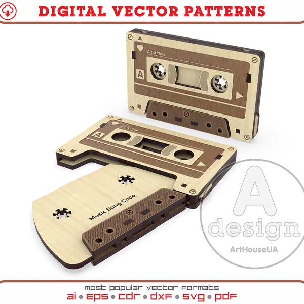 Cassette de mixtape rétro pour le code de la chanson préférée, fichier SVG de cassette vintage découpé au laser et utilisateur de Glowforge, carte de musique comme cassette