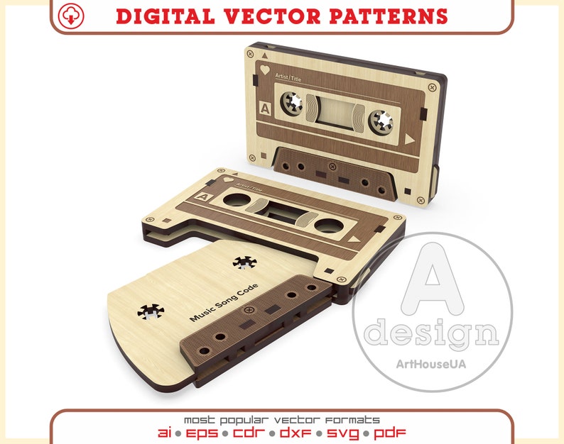 May include: Two wooden cassette tapes with brown and beige accents. The top tape has the text "Artist Title" and the bottom tape has the text "Music Song Code".