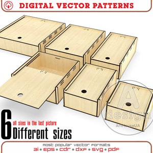 Cajas con archivo vectorial de tapa deslizante para corte láser, paquete de cajas de almacenamiento de 6 tamaños diferentes, archivo de caja de regalo, paquete de cajas de almacenamiento.