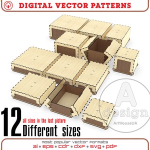 12 cajas de diferentes tamaños con archivo vectorial de tapa abatible para corte láser, paquete de caja de almacenamiento, archivo de caja de regalo, caja de joyería SVG