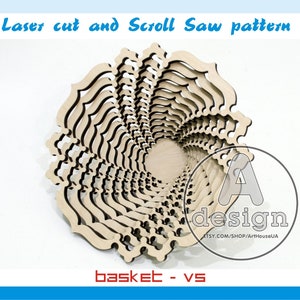 May include: A laser cut and scroll saw pattern for a wooden basket. The basket is made of 12 parts and is designed to be assembled. The pattern is available in AI, EPS, CDR, DXF, and SVG formats.