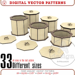 May include: A set of 33 different sized, octagonal wooden boxes with lids. The boxes are made of light brown wood with dark brown trim. The boxes are arranged in a circle on a white background. The text "33 different sizes" is written in black on a white background below the boxes.