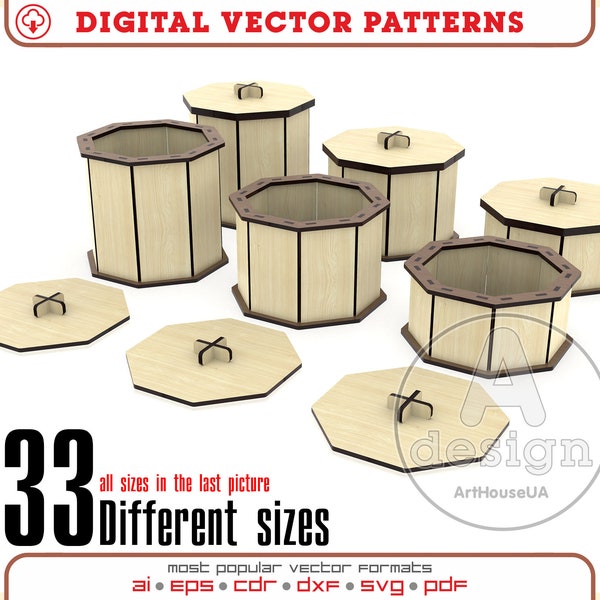 33 Different sizes of octagon boxes with lids vector files for laser cut , Storage box bundle, Octagon gift box bundle SVG