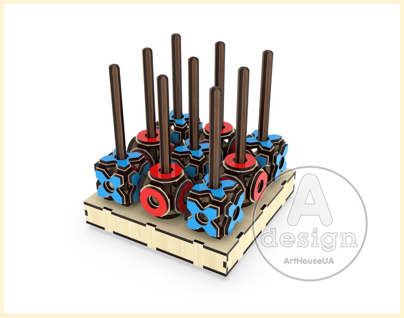 May include: A wooden stand with nine colourful wooden pieces on sticks. The pieces are red and blue with a geometric design. The stand is made of wood and has a natural finish.