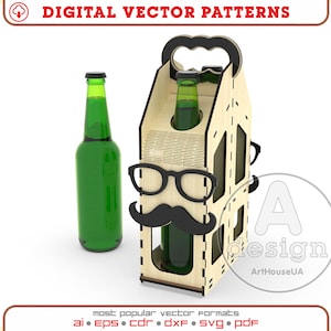 Może przedstawiać: Drewniany transporter na piwo z wzorem wąsów i okularów. Transporter ma uchwyt na górze i jest przeznaczony do przechowywania sześciu butelek piwa. Transporter jest wykonany z drewna i ma naturalne wykończenie.