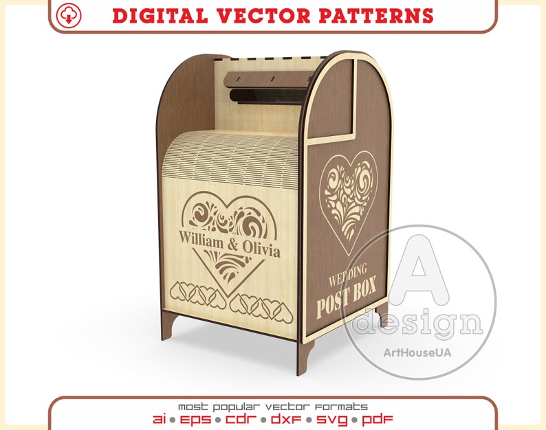 Tarjeta de boda Post box vector SVG archivo corte láser y usuario Glowforge, caja de recepción de boda, caja de tarjeta de dinero de caja de correo de regalo, titular de la tarjeta de boda imagen 1