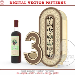 Archivo vectorial cortado con láser para caja de vino de regalo de 30.° aniversario, vector de caja de regalo de 30.° cumpleaños, vector de decoraciones de 30.° cumpleaños, porta vino Ver.101