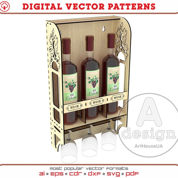 Botella de vino y estante de copa de vino cortado con láser archivo vectorial listo, estante de vino de madera de mesa o soporte de almacenamiento de botellas, archivo de bandeja de botellas de vino, Ws.V3