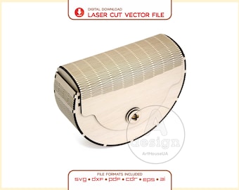 May include: A light-colored wooden box with a curved, slatted lid and a circular screw fastener. The box features a semi-circular side profile and laser-cut details. Text at the top reads DIGITAL DOWNLOAD LASER CUT VECTOR FILE and at the bottom lists file formats.