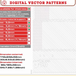 May include: A digital vector pattern design with a gray and white striped background. The design is available in various thicknesses, including 3.0mm, 3.2mm (1/8 inch), 4.0mm, 5.0mm, 6.0mm, and 6.4mm (1/4 inch). The design has an external dimension of 110x242x52mm (4.33x9.53x2.05 inches) and an internal dimension of 90x185x32mm (3.54x7.28x1.26 inches).